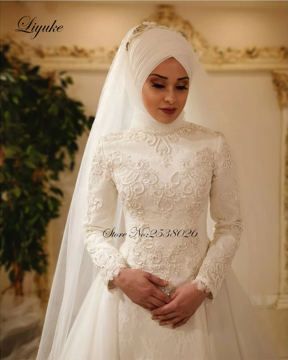 Liyuke Vestido De Noiva Elegant Long Sleeve O Neck Muslim Wedding Dresses Tulle Zipper Back Lace Islamic Wedding Gowns