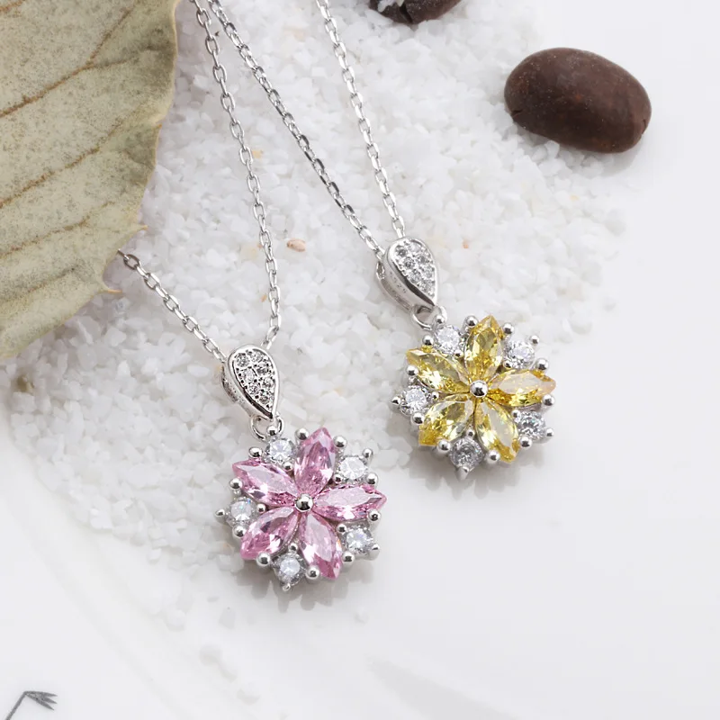 Buyee 925 Sterling Silver Flower Pendant Chain Pink & Yellow Crystal Cherry Blossoms Pendant for Woman Fine Jewelry Chain