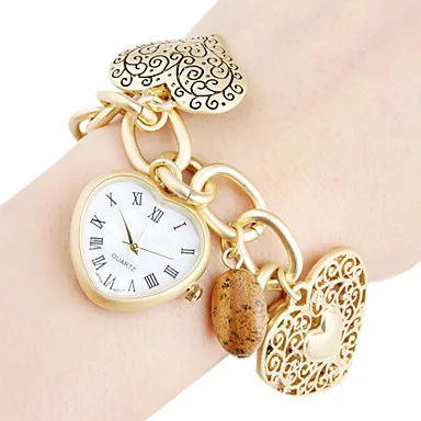 Hot! Watches Women Wristwatches Fashionable Sweet Heart Pendant Gold Alloy Quartz Bracelet Watch