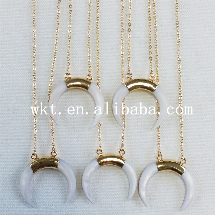 

WT-N638 New sale Mother of Pearl crescent horn pendant necklace white double hoops 24k gold trim mother of pearl necklace