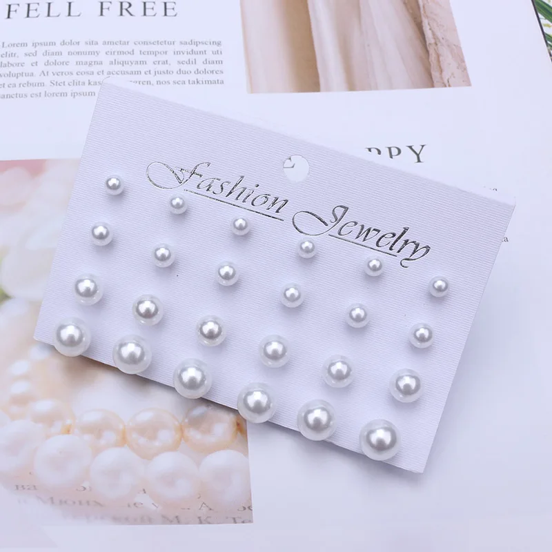 Korean Women Earrings 12 Pair/Set Beige White Pearl Simple Fashion Earrings Wedding Jewelry For Gift Valentine\'s Day gift