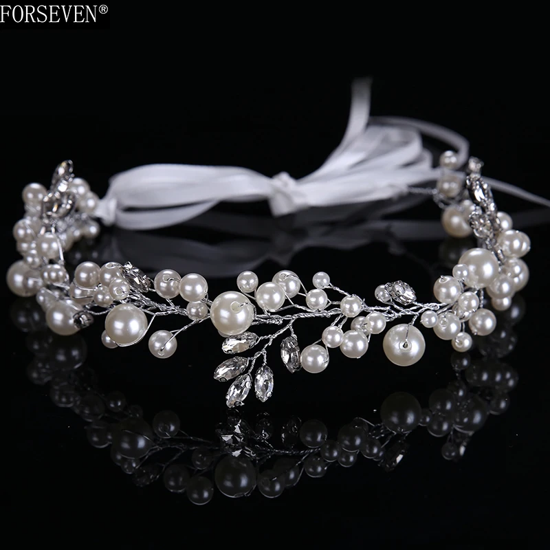 Luxurious bride tiara Headbands 30cm Handmade Pearls crystal hair accessories for women wedding  jewelry FORSEVEN CY161117-83