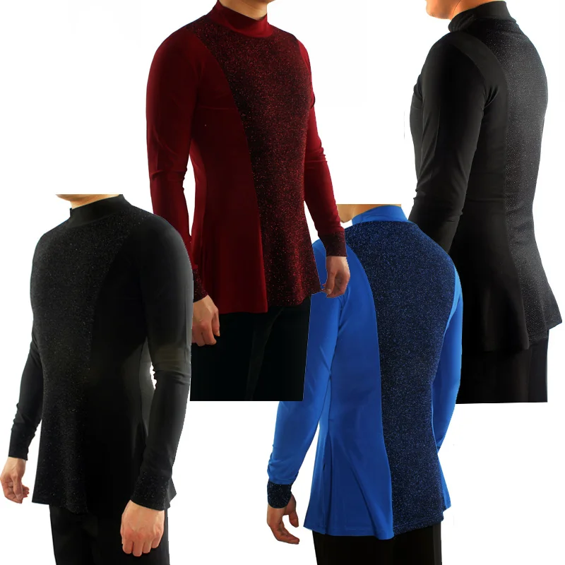Elastic Latin Dance Shirts Male Long Sleeve Latin Top Men Ballroom Chacha Dancing Clothes Competition Performance Wear DN7016