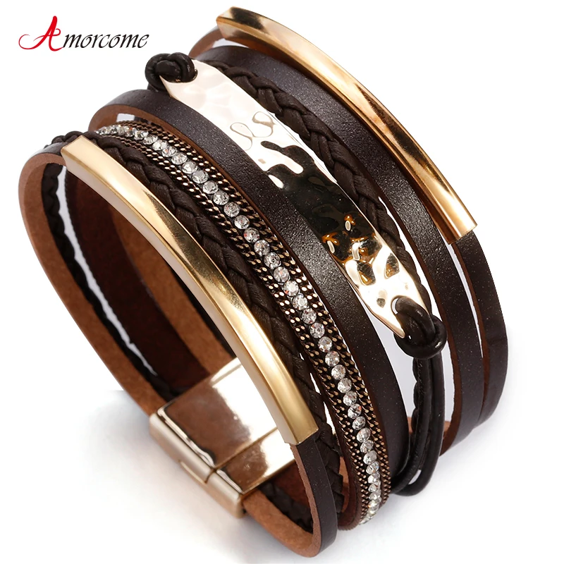 Amorcome Metal Bar Charm Leather Bracelets For Women Men Trendy Boho Braided Rope Wide Multilayer Wrap Bracelet Female Jewelry