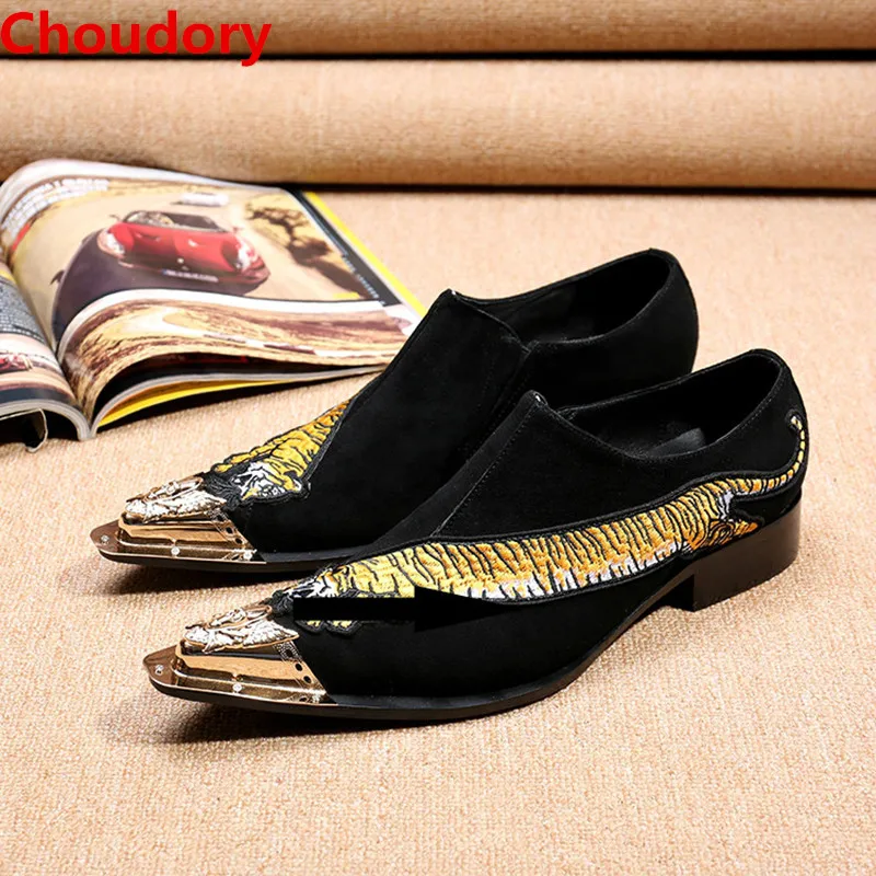 Choudory handmade shoes italy mens velvet loafers black gold formal dress shoes animal embroidery steel toe classic oxfords