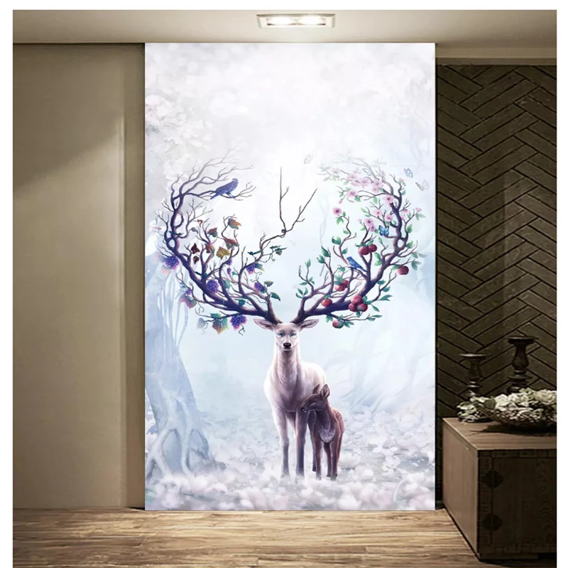 beibehang Modern personality 3d wallpaper Nordic minimalist new Chinese elk flower bird porch background wall papers home decor