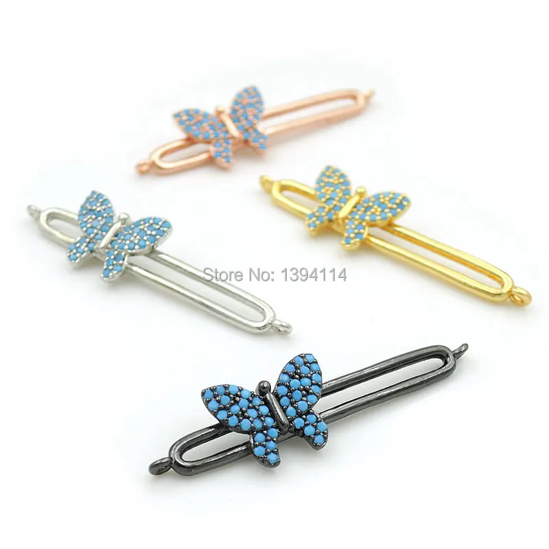 

35*9*3mm Micro Pave Kallaite CZ Hollow Oblong Connector With Butterfly Fit For Women As DIY Bracelets Accessory