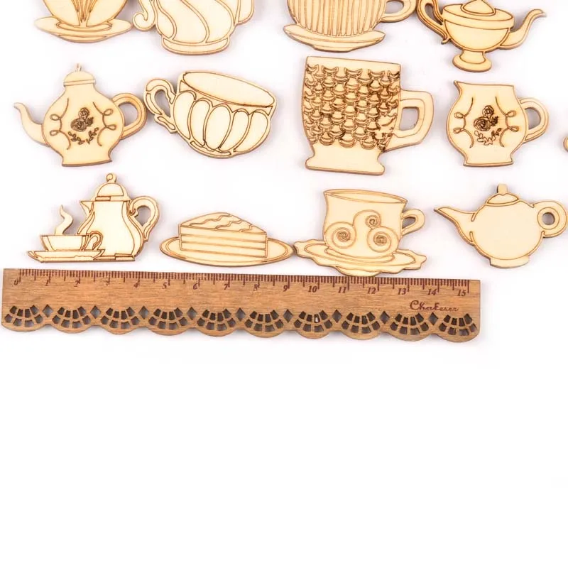 10Pcs Tea Set Teapot/teacup Pattern Wood Slices DIY Handmade Crafts For Wooden Ornaments DIY Home Decor Accessories m2172