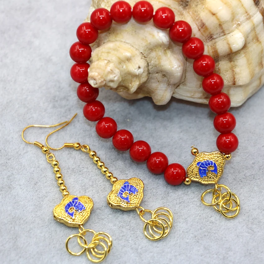 Red artificial coral round beads 8mm strand bracelet earrings for women high quality cloisonne jewelry set 7.5inch B3029