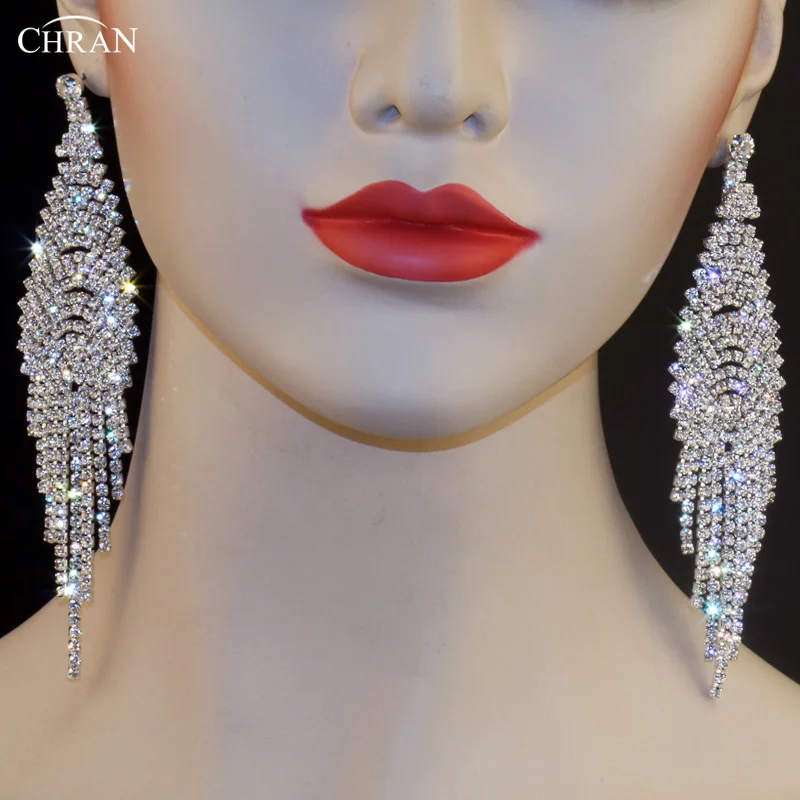 CHRAN Fashion Women Luxury Silver Plated Rhinestone Chandelier Dangle Long Tassel Earrings for Bridesmaid Wedding Party Jewelry