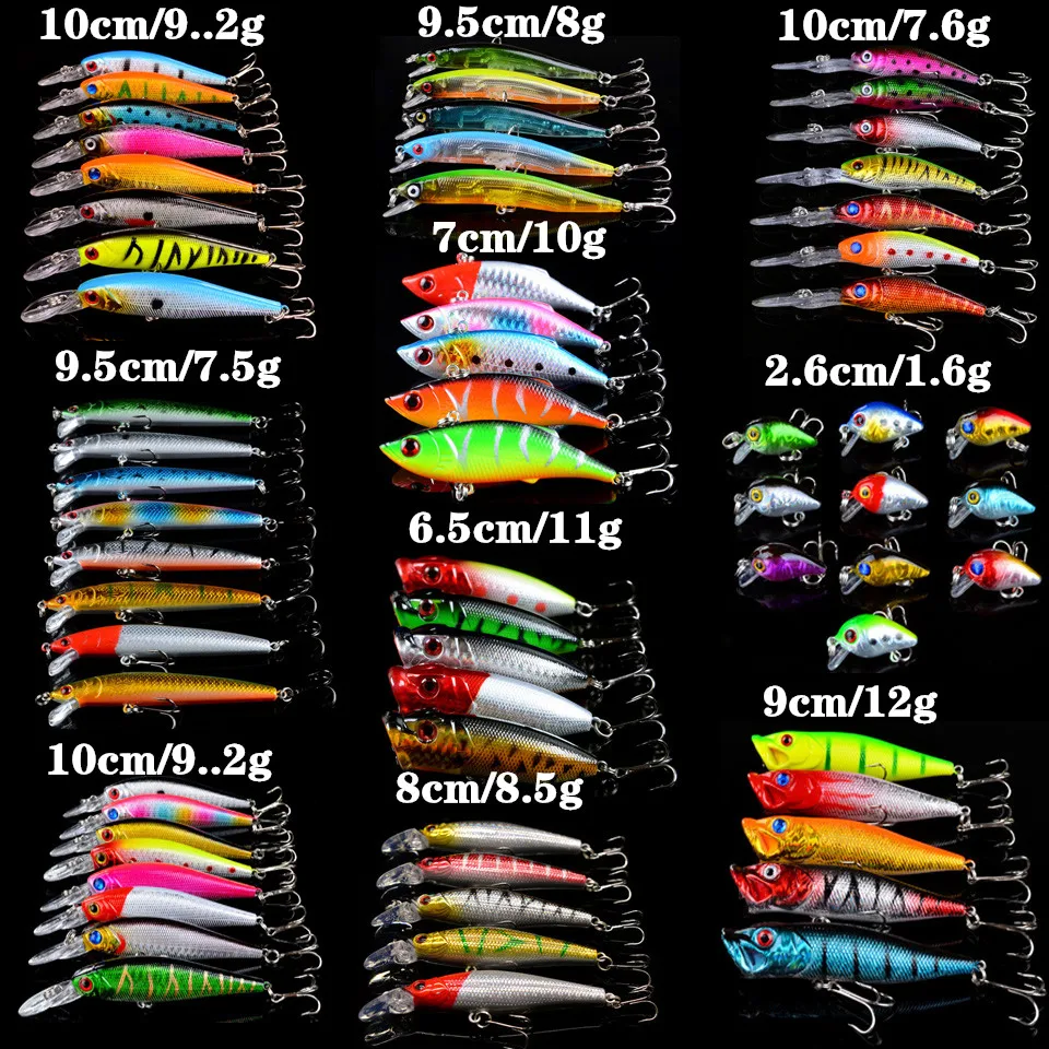 

66pcs/lot Fishing Bait Set Mixed 10 Models Fishing Lures Artificial 66 Different Colors Crankbait Wobbler Fishing Tackle Y-T95