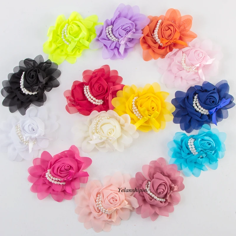 10pcs/lot 14colors Hair Clips Artificial Goldfish Bowknot Chiffon Rosette Flower With Pearls Solid Fabric Flowers For Headband