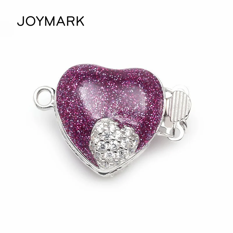 

Purple Enameled Heart Shape Micro Pave Zircon Sterling Silver Box Clasps Hooks Jewelry Findings For Pearl Necklace SC-BC221