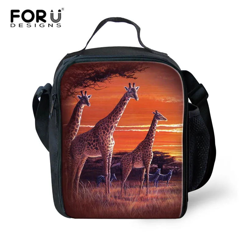 FORUDESIGNS Giraffe Print Women Kids Men Insulated Canvas Box Tote Bag Thermal Food Lunch Bags Handle Carrying Lunch Cases