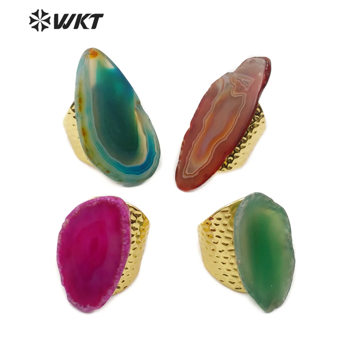 WT-R334 WKT Natural Slice Agates Ring Irregular Shape Large Stone Gold Ring Multi Color Gem-stone Jewelry Unique Gift For Women