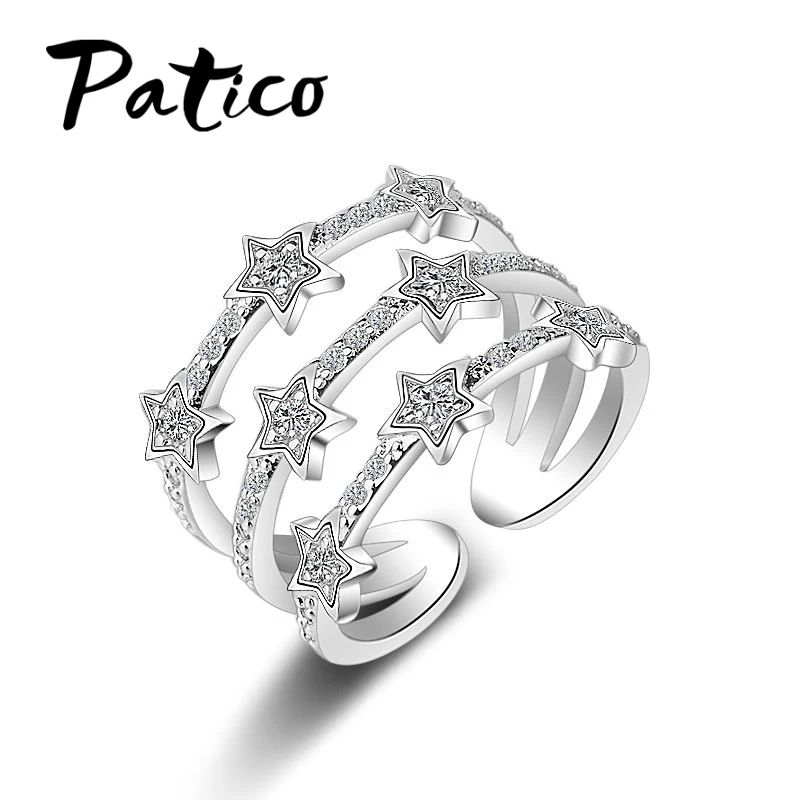 Adjustable Women 925 Silver Needle Wedding Rings Romantic Twinkling Zircon Crystal Zircon Stone Stars Jewelry Anillos Mujer