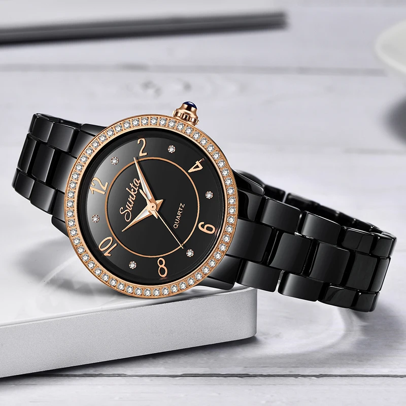 SunKta Luxury Rose Gold Black Ceramic Waterproof Watches Woman Classic Series Ladies Watch Top Quality Ladies Rhinestone Watch