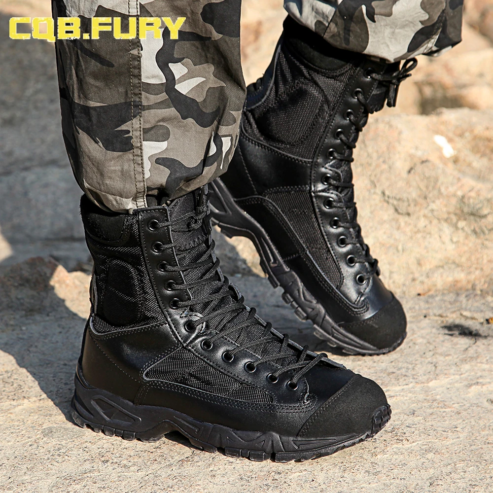 CQB.FURY Mens Leather Tactical Boots ankle strap black Leather Boots comfortable Breathable size 38-46 ZD-Airborne