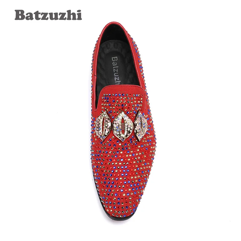 Batzuzhi Fashion Design Kiss Men Casual Flats Shoes Men Genuine Leather Shoes Loafers Red Rhinestones Party Wedding Shoes, 46