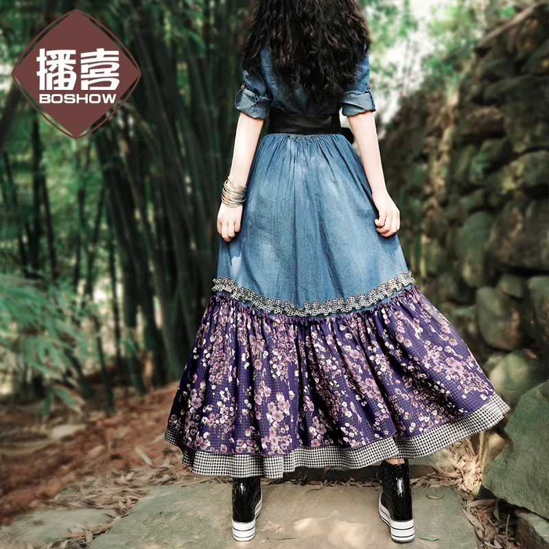 Free Shipping 2022 Bohemian Long Maxi Denim Chiffon Patchwork Spring Boshow Three Quarter Sleeve Jeans Dress With Flower Belt