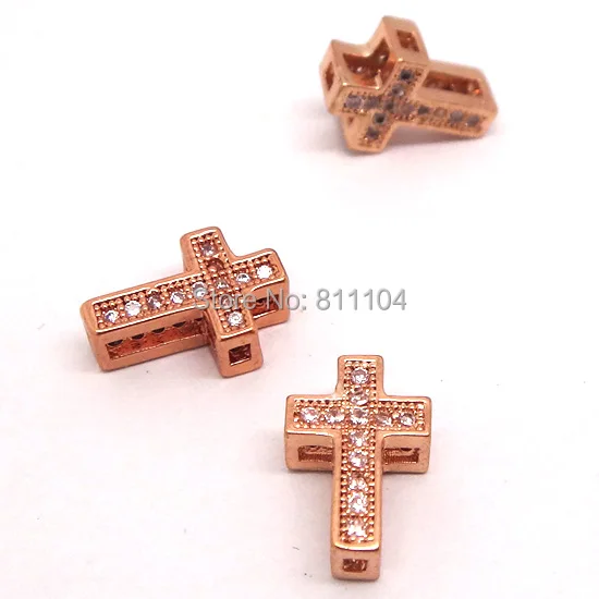 11x7.5mm Hollow Micro Pave Brass Metal Zircon CZ Crystal European Charms Spacer Beads Cross Connector Jewelry Findings Settings