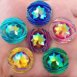 New 6pcs 25mm AB Resin Round FlatBack Flower Rhinestone Embellishment 2 Hole Buttons R86