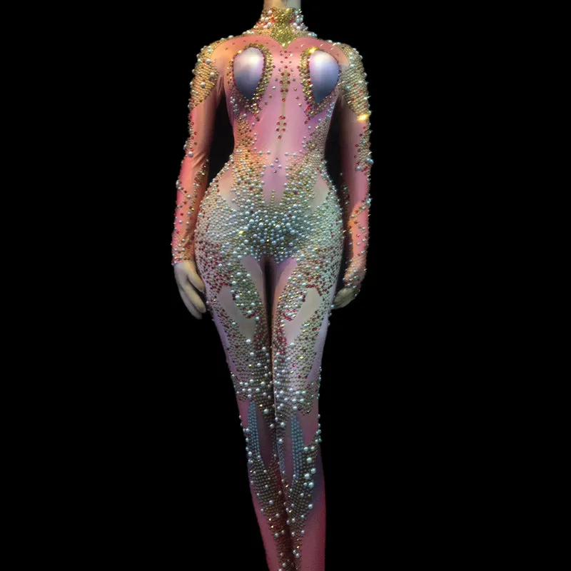 

Women Celebrate Festival Jumpsuits Bar Singer Stage Dance Costume Sparkly Crystals Rhinestones Sexy Playsuit Nude Stretch Outfit