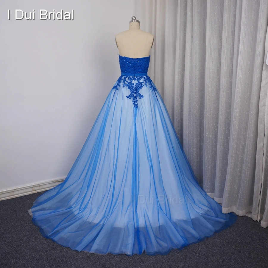 Dell'innamorato Blu Prom Dresses Una linea di Tulle Rivestimento Completo Appliqued Merletto In Rilievo Partito Abiti Occasioni Speciali Su Ordine 201705103