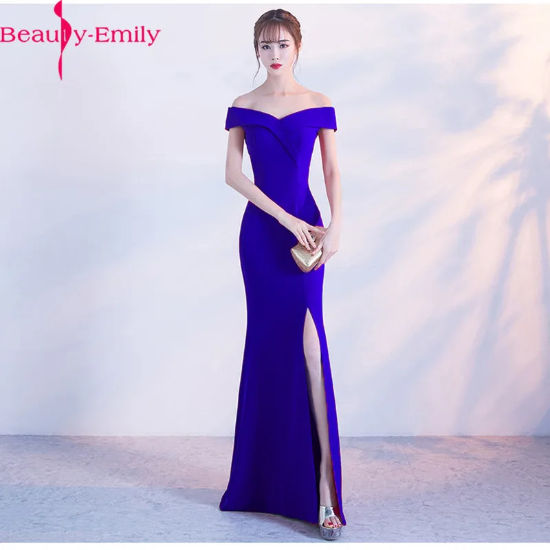 

Elegant Boat Neck Off the Shoulder Mermaid Evening Dress Long 5 Colors Sleeveless Simple Formal Party Dress with High Side Split