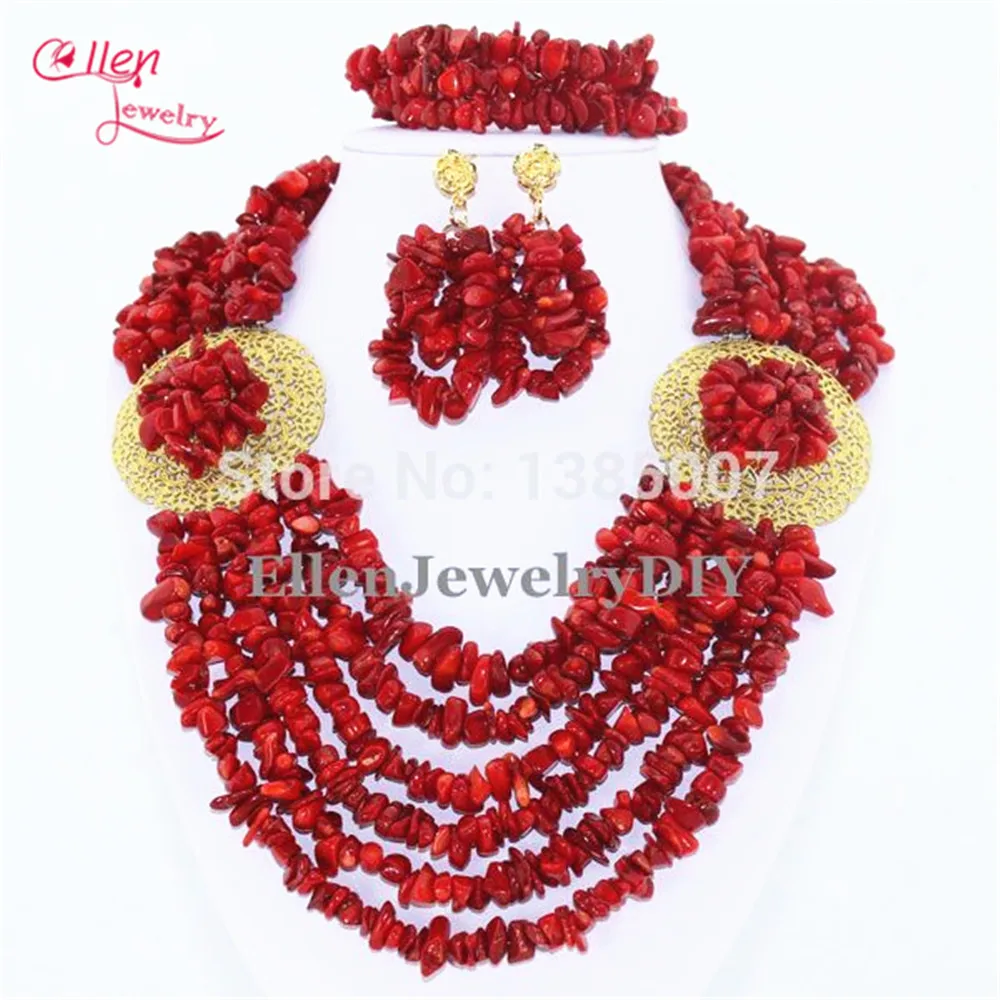 

6 Rows Red Coral beaded Jewelry Set Nigerian Wedding beads Coral Necklace Gift Necklace Bridal african beads Jewelry Sets