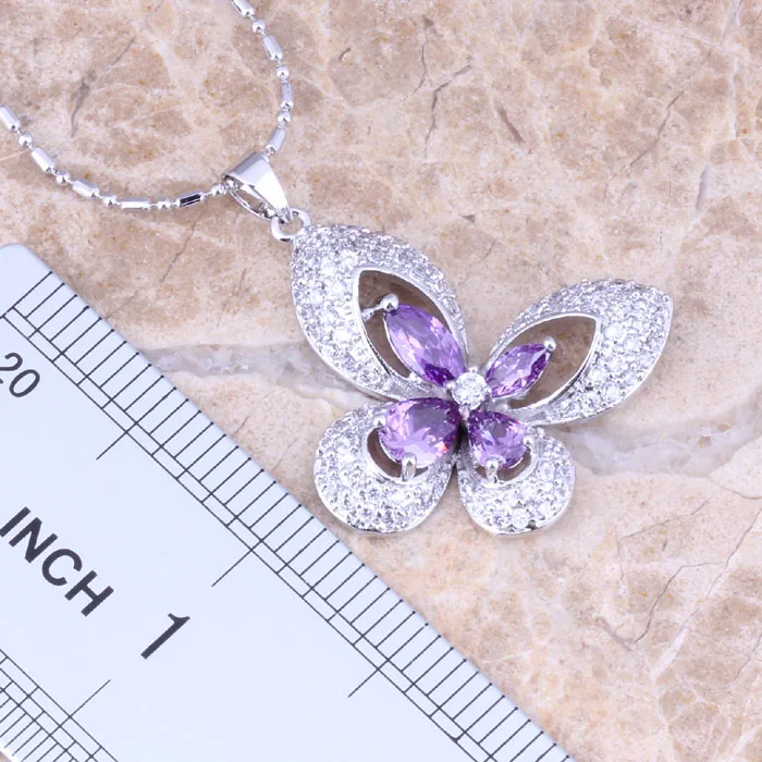 Shiny Butterfly Purple Cubic Zirconia White CZ Silver Plated Earrings Pendant Necklace Fashion Jewelry Sets S0730