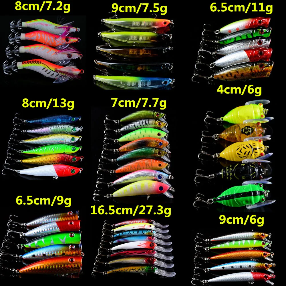 

New 51pcs/lot Hard Baits Set Mixed 9 Models Fishing Lures Minnow/Popper/Pencil/Cicada and Squid bait Wobbler Fishing Bait H-T121