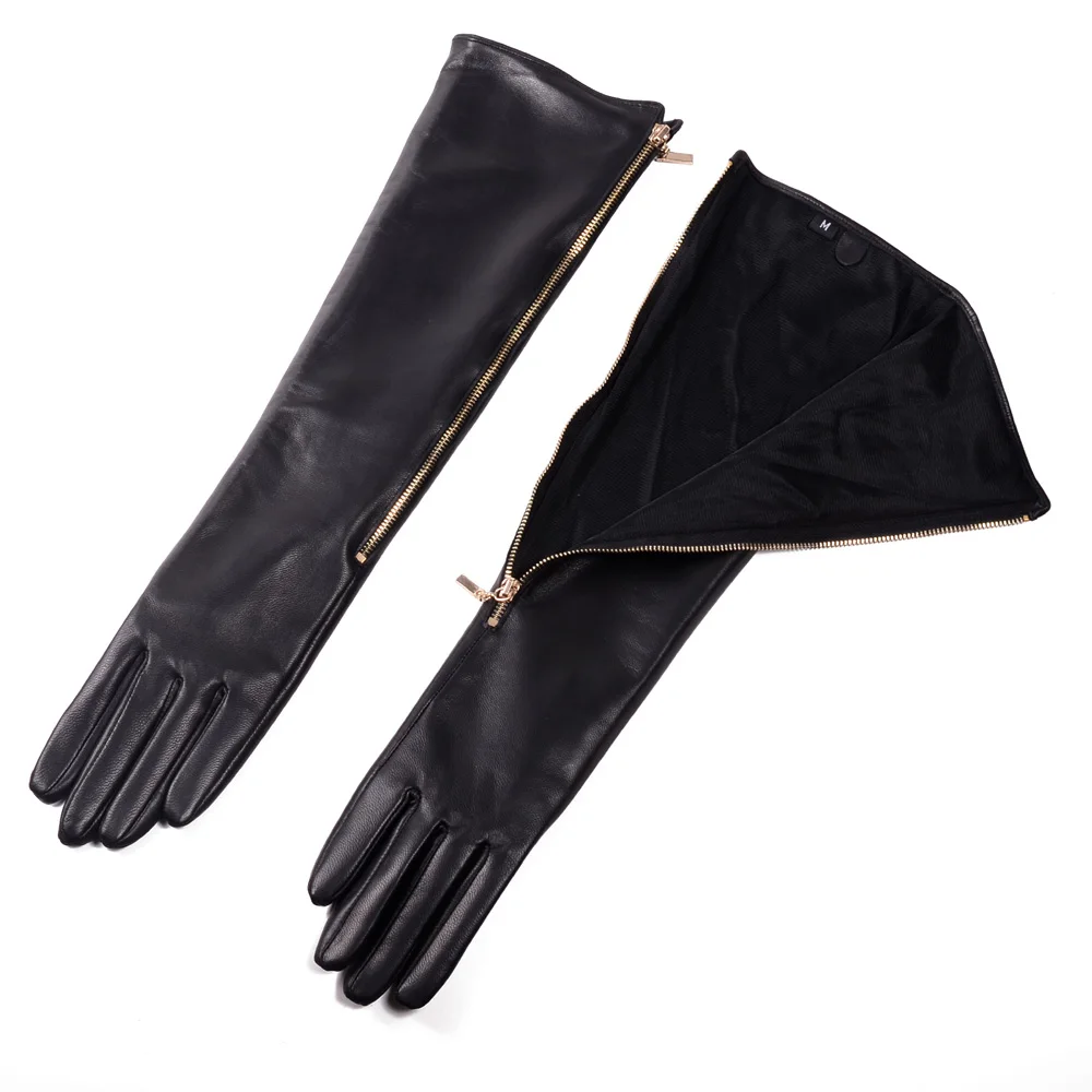 Novelty Female Winter Genuine Leather Side Golden Zipper 45CM Long Gloves For Women Mujer Evening Party Black Sleeve Thin Luvas