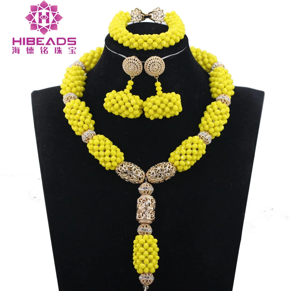 

Mother Birthday Gift Yellow African Beads Jewelry Set Party Crystal Pendant Necklace Earrings Bracelet Set Free ShippingABH439