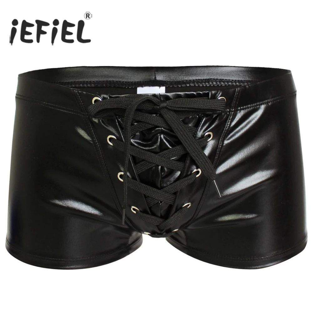 iEFiEL Sexy Men Patent Leather Gay Pants Latex Men\'s Swimwear Boxers Shorts Drawstring Trunk Wetlook Swimsuit Lingerie Underwear