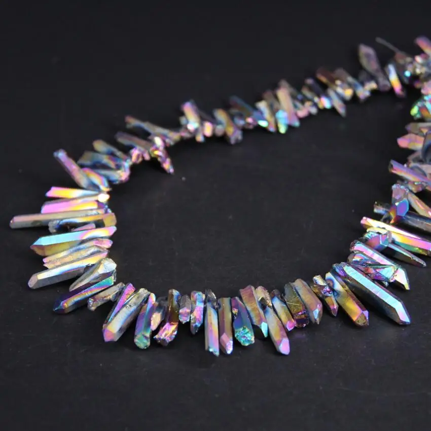 

15.5"strand Titanium Rainbow Raw Crystal Quartz Top Drilled Point Loose Beads,Natural Crystal Stick Pendants DIY Jewelry Making