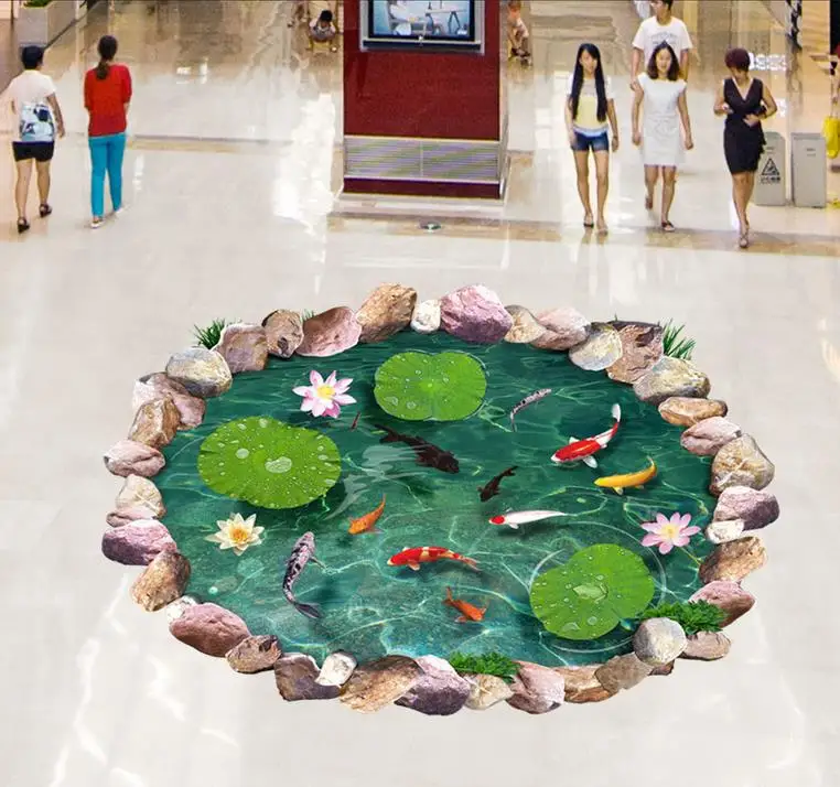 

Home Decoration 3D stereoscopic lotus goldfish stone floor 3d floor wallpapers PVC waterproof floor