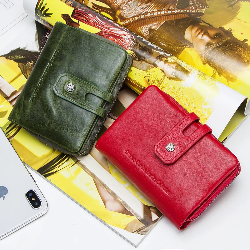Contact\'s Wallet Women Zipper Genuine Leather Short Wallets Quality Coin Purse Women Hasp Button Purse With Credit Cards Holder