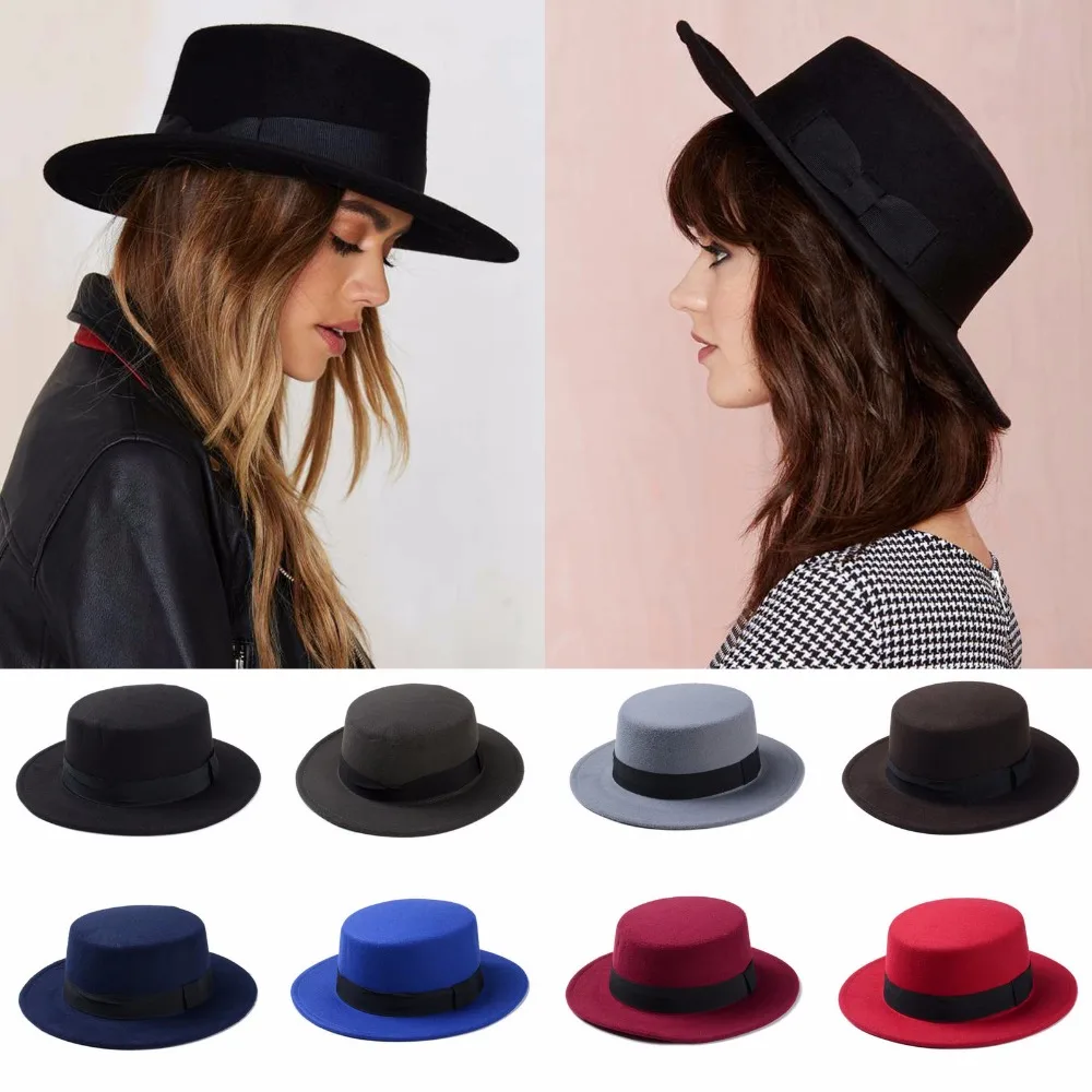 Mistdawn Fashion Women Boater Hat Bowler Sailor Wide Brim Flat Top Caps Wool Blend Size 56-58cm