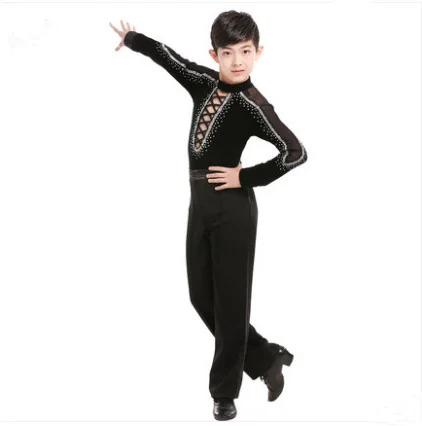 2018 Boys Turtleneck Rhinestone Ballroom/ Latin Dance Shirt Sexy Bandage Black Dance Tops Latin Performance Wear For Boys