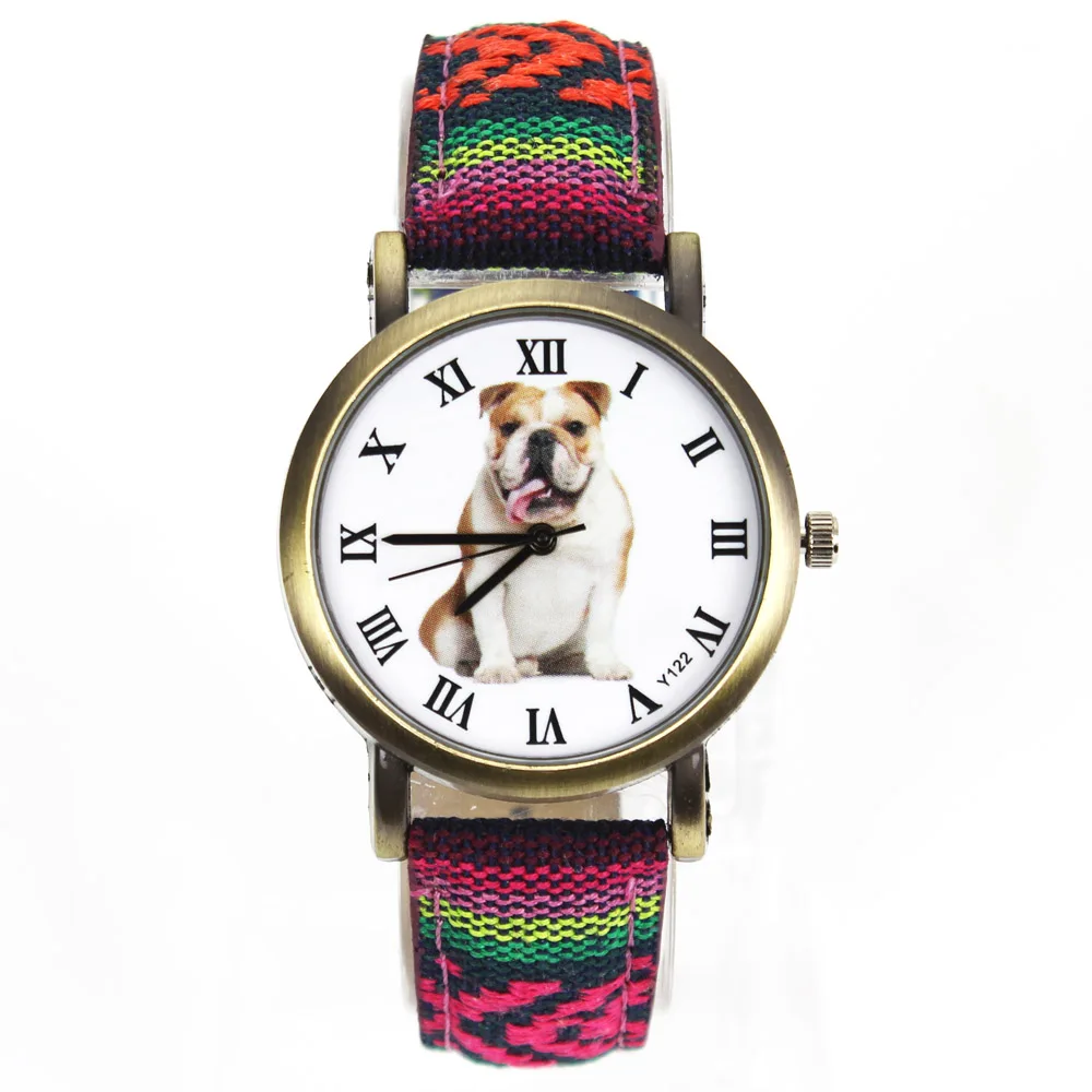 Bulldog Large Pet Dog Watch Women Men Military Camouflage Denim Canvas Belt For English French Dogs Sport Quartz Wrist Watch