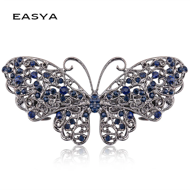 EASYA 2022 Women Girls Retro Butterfly Hair Jewelry Vintage Blue Crystal Barrettes Clips For Hairdressing