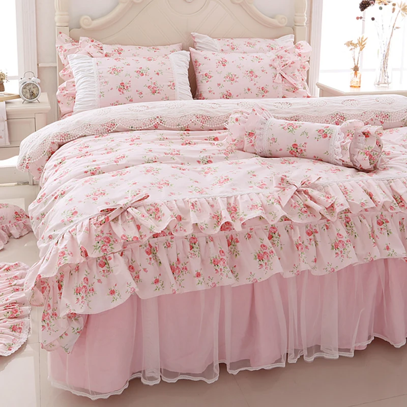 Koreaanse Bloemen Print Kant Beddengoed Set Queen King Size Ruche Strik Prinses Dekbedovertrek Roze Sprei Bedrok 100% Katoen