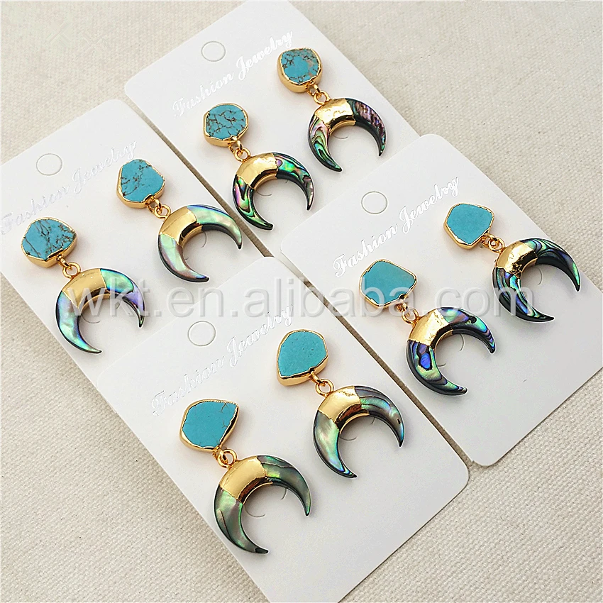 

WT-E301 Newest Design Natural Abalone Shell Crescent Horn Earring 24k Gold Color Plated With Stone Charming Moon Shape Jewelry