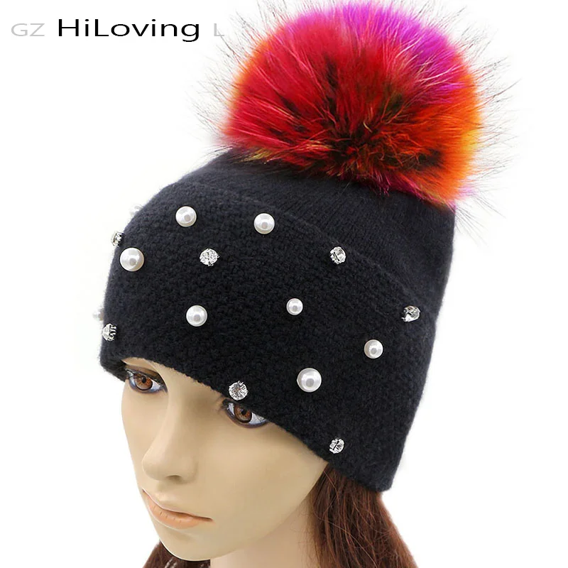 GZHilovingL New Autumn Winter Wool Knitted Beanies Cap Women Diamonds Preals Beanie With Real Fur Pompom Beanies Hat Girls Hat