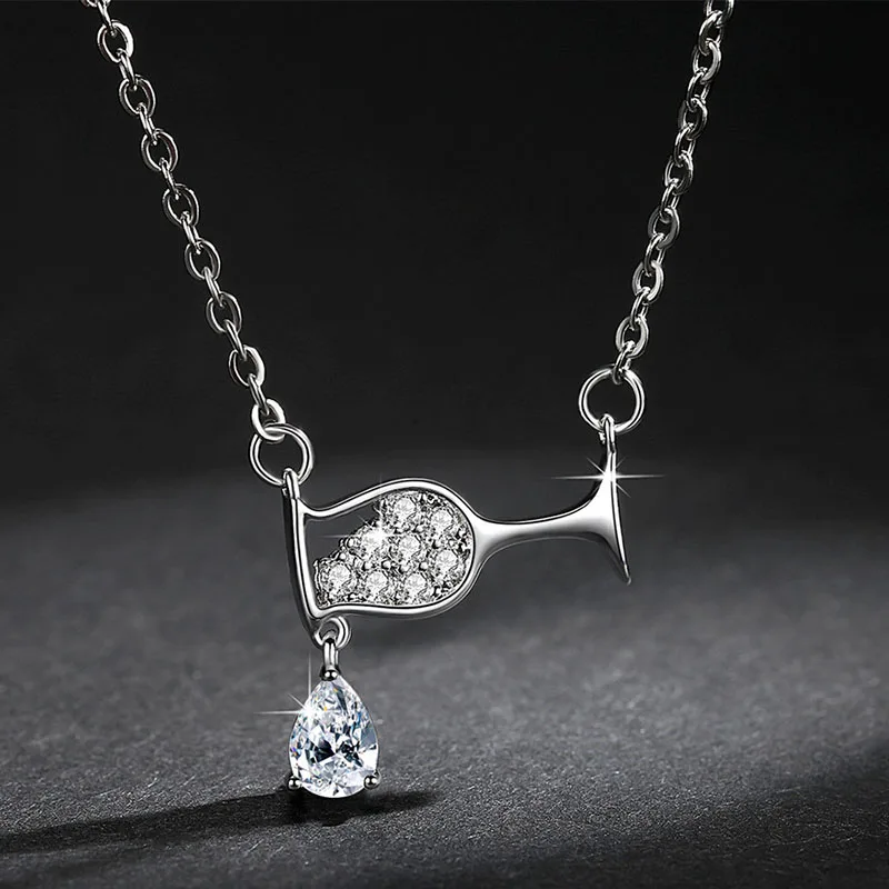 Gold Color Chain Cute Wine Glass Pendant Necklace for Women AAA Zircon Crystal Wine Cup Charm Necklace Choker Dropshipping