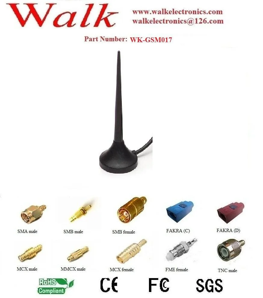 magnetic mount gsm gprs whip antenna, AMPS quad band antenna, CRC9 male right angle connector, RG174 cable