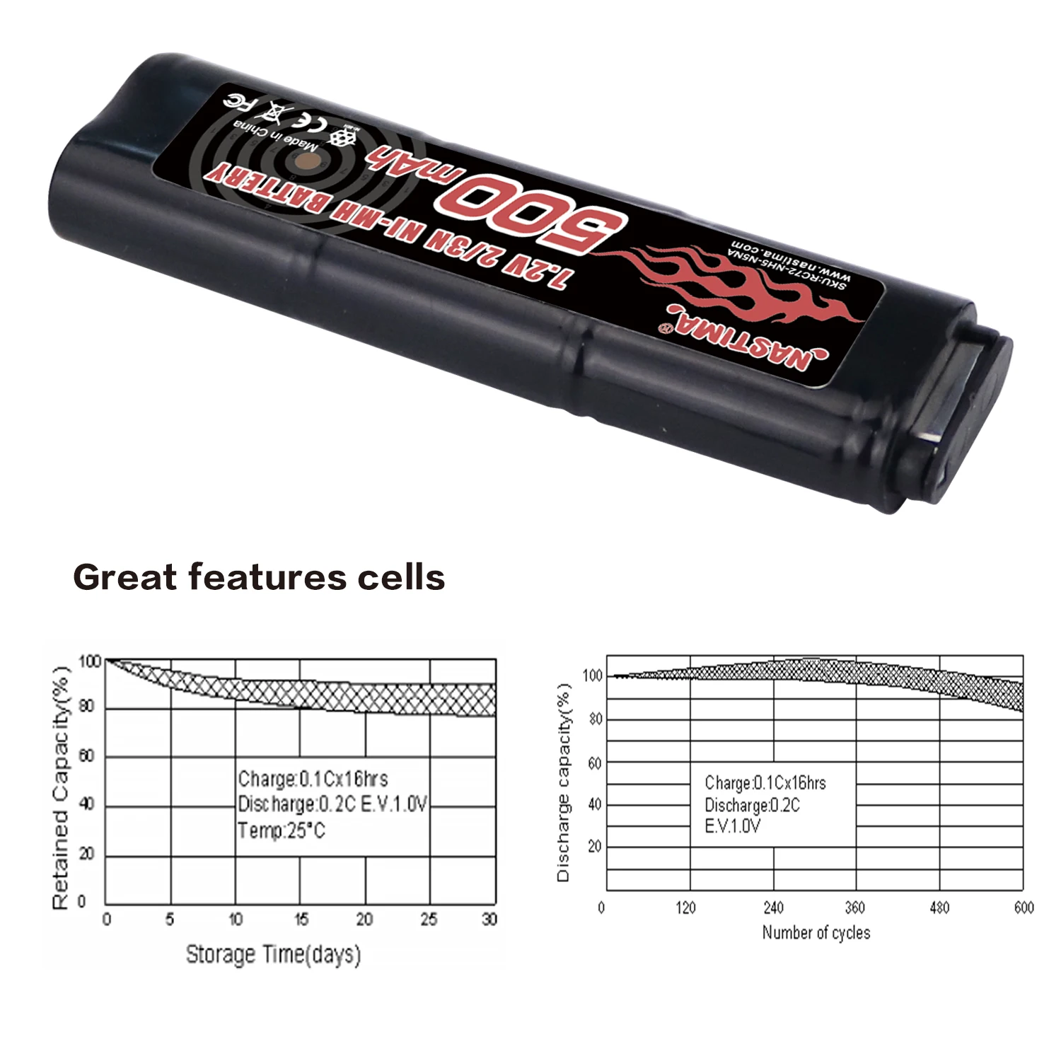 Nastima 6S 2/3N 7.2V 500mAh Ni-MH Battery for CM030 CM121, CM122, Marui 18C,P8, M93R AEP AEG M81, M84,& TM AEP Airsoft Guns Toys