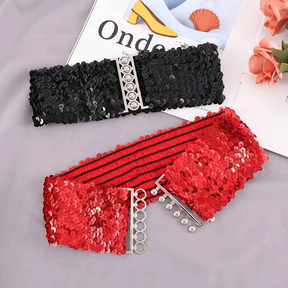 2020 Fashion Ladies Waistband Charms Women Elastic Sequin Belly Waist Belt Casual Stretch Belt Buckle Corset Wide Waist Belts