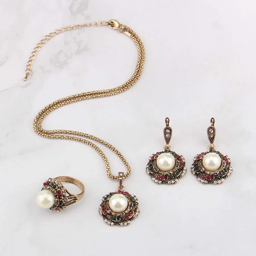 3Pcs/lot Vintage Pearl Flower Bohemian Jewelry Sets Luxury Fashion Antique Gold Crystal Wedding Ring Necklace Earrings For Women